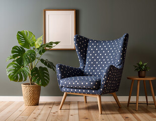 modern living room with sofa, armchair and a frame on background wall and plant in the room.
