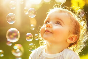 Happy Baby Smiling at Bubbles in Sunlit Outdoor Setting