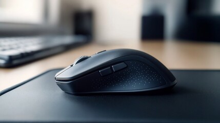 Ergonomic black computer mouse resting on a black mousepad close up view