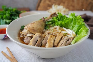 Duck Noodles Soup,Stewed Duck Noodles on white background