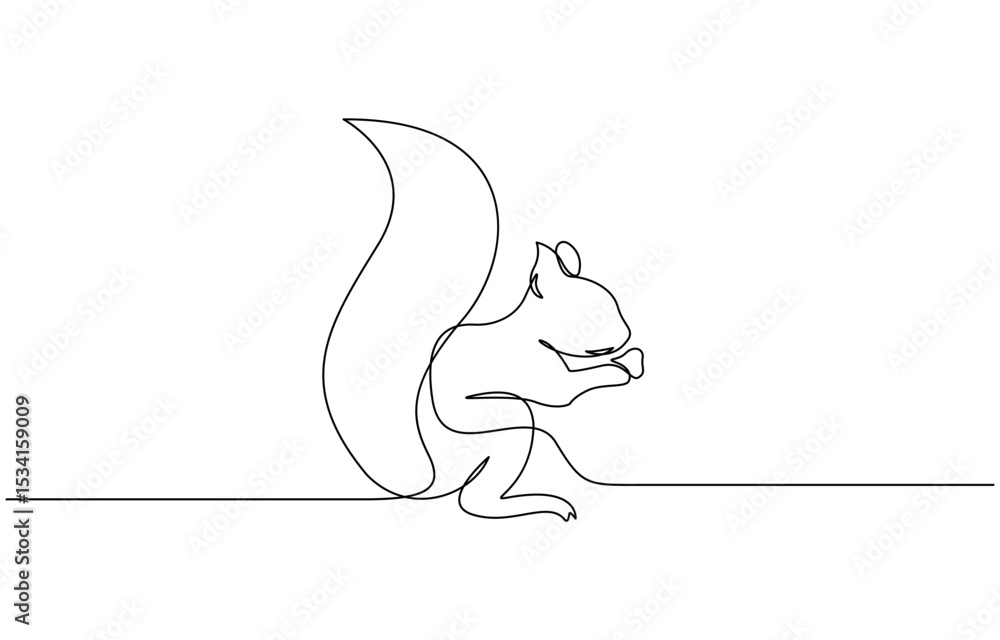 Poster continuous one line drawing of a squirrel. simple vector illustration, squirrel eating continuous li