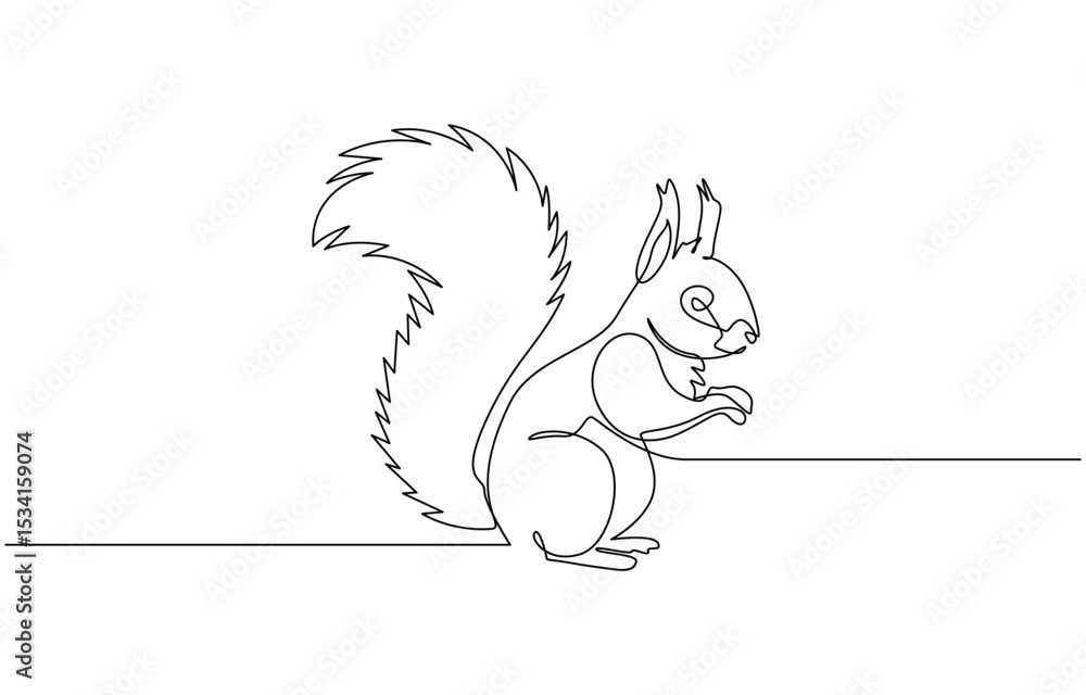 Poster continuous one line drawing of a squirrel. simple vector illustration, squirrel eating continuous li