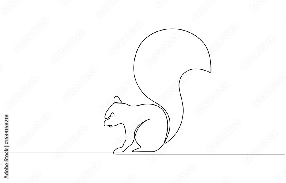 Poster continuous one line drawing of a squirrel. simple vector illustration, squirrel eating continuous li