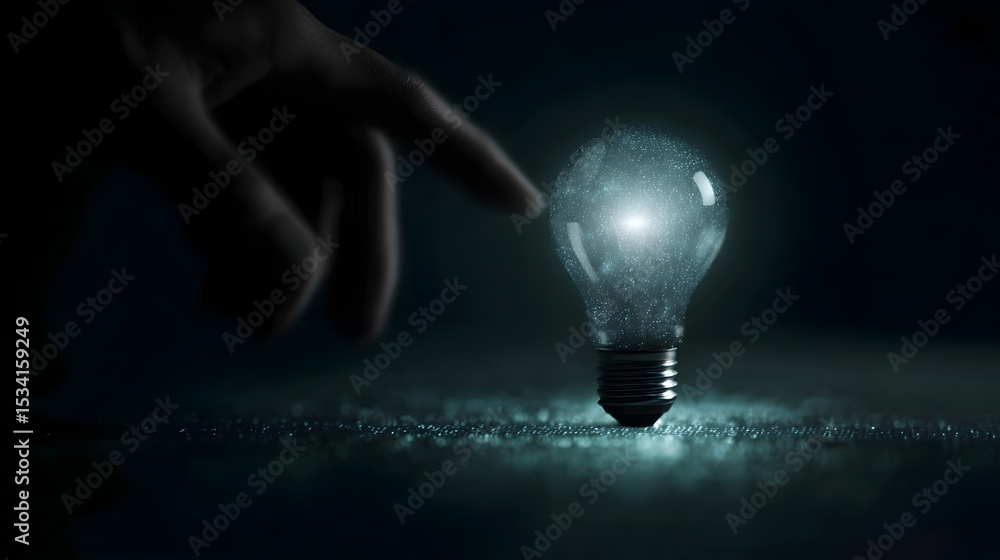 Poster glowing bulb being inserted into a digital socket on a floating interface