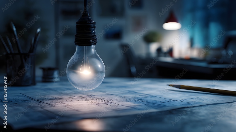 Poster a creative studio desk with a glowing bulb hovering above a blueprint