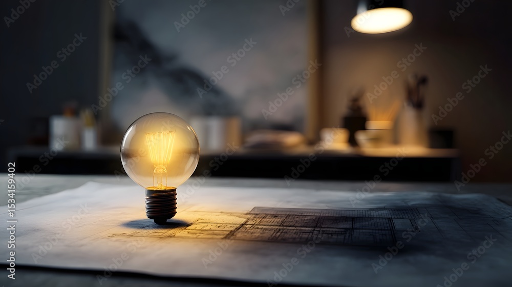 Poster glowing bulb hovering above a creative studio desk with blueprint