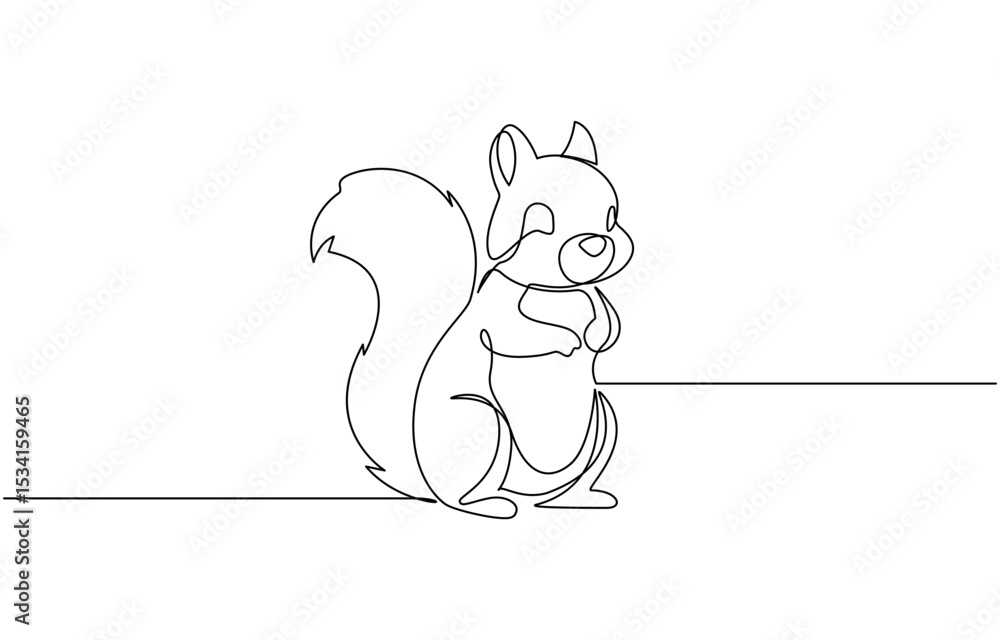 Poster continuous one line drawing of a squirrel. simple vector illustration, squirrel eating continuous li