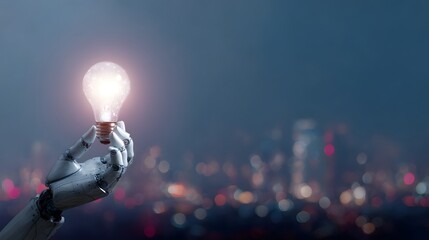 A robot hand holding a glowing light bulb against a futuristic cityscape