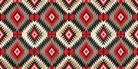 Vibrant geometric pattern with bold reds and earthy tones in a striking textile design.