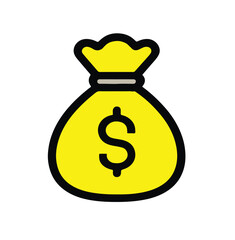 Bright yellow money bag icon with a dollar sign, symbolizing wealth, finance, savings, investment, or profit. Ideal for banking, fintech, and business-themed visuals.
