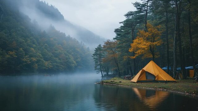 Camping by Serene Lakeside: A picturesque campsite by a calm lake with a tent, surrounded by lush forest and a misty mountain. A serene nature scene.