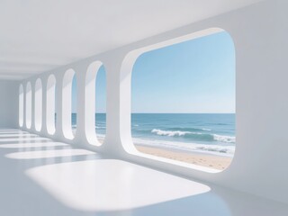 Fototapeta premium Modern Corridor with Ocean View Through Oval Windows
