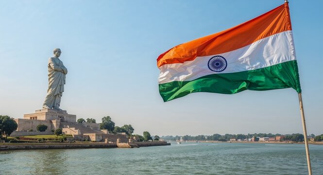 Statue of unity with indian flag waving against clear blue sky and water in gujarat india view