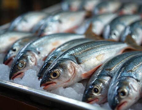 Fresh spanish mackerel on ice in a market stall. Sea food, raw, uncooked fish for cooking. Healthy dinner, protein rich food with scales. Close-up detail.