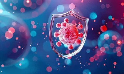 Virus particle within protective shield animation video. Medical research. Boosting human immune system animated footage clip seamless HD motion graphics. Disease treatment concept