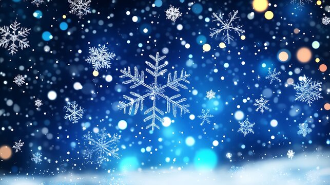 Enchanting winter background of sparkling snowflakes and bokeh lights
