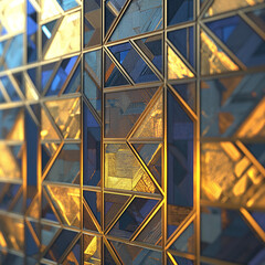 Fototapeta premium Geometric Glass Wall: A captivating close-up of a meticulously crafted wall, featuring an intricate geometric design of golden-framed glass panels.