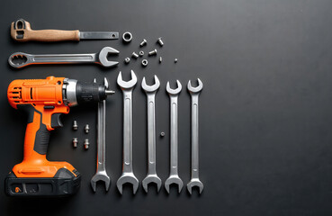 Fototapeta premium Arrangement tools on black background. Set contains drill, wrenches, screws, metal details. Equipment for house repair or DIY projects. Tools are industrial, professional.