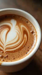 Close-up of coffee cup latte art. Swirls of coffee, cream, artistic pattern on the surface. Cafe cozy atmosphere, delicious beverage, warm drink. Coffee art design, spot moment of enjoyment.