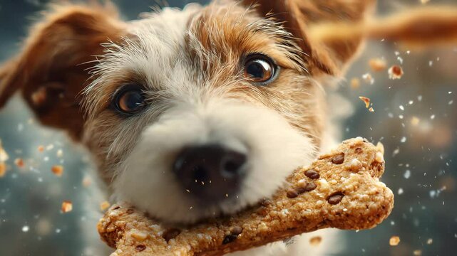close-up snack video, crunchy dog treat, bone bite slowmo,Slow Motion Crunchy Dog Treat Bite &ndash; Detailed Close-Up Pet Snack Breaking Animation