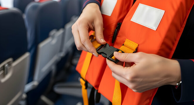 Aircraft Emergency: Close-up of hands fastening a safety airplane life vest buckle. Aviation safety demonstration for passengers.