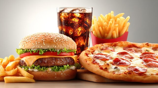 Delicious cheeseburger pizza fries and soda combo