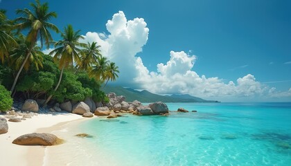 Naklejka premium Tropical beach with white sand palm trees turquoise ocean blue sky with fluffy clouds. Scenic seashore landscape, vacation, travel, relaxation, idyll. Perfect holiday destination, paradise, coast,