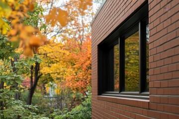 The stunning colors of autumn are beautifully mirrored in the sleek windows of a contemporary building, which is embraced by vibrant, leafy trees in a peaceful urban environment