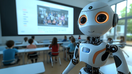 Robot in a Classroom Setting with Students and a Presentation Screen