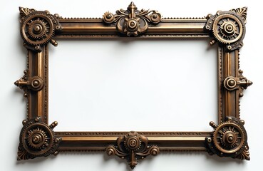 Steampunk photo frame isolated on white backdrop. Empty picture frame, border design with copy space. Bronze gear-wheels, mechanical details. Vintage decoration, stylish look for posters,