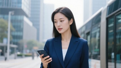 Fototapeta premium Professional woman in a suit using a smartphone on a city street