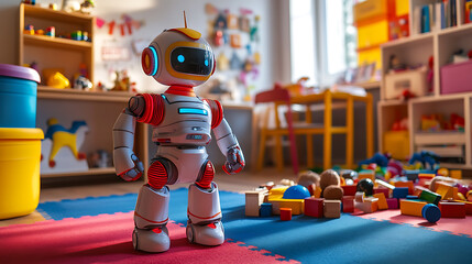 Robot Toy Standing in a Colorful Playroom