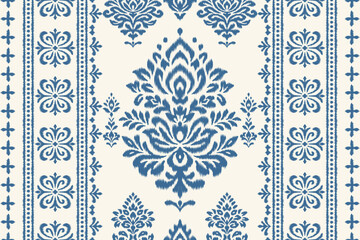 Ikat floral seamless pattern with traditional ethnic decorative border in blue on cream background, perfect for fabric, clothing, decoration, wallpaper, Aztec abstract textile texture illustration.