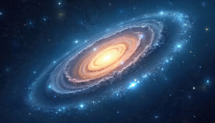 Naklejka premium Illustration of a swirling blue galaxy with a bright yellow core, scattered stars. Universe cosmos deep space exploration concept. Astronomy astrophysics artwork. Interstellar light in night sky.