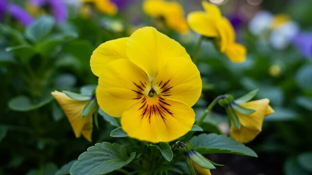 Yellow pansy flower blooming in garden with purple backdrop  