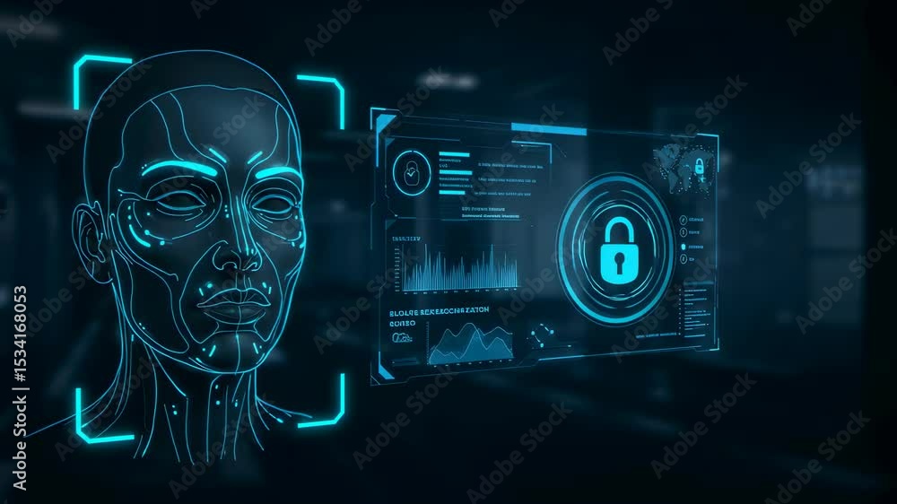 Poster digital woman face wireframe with security padlock interface. futuristic biometric scan data and sec