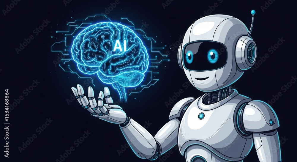 Poster robot holding brain with ai text | artificial intelligence concept for technology, innovation, and m