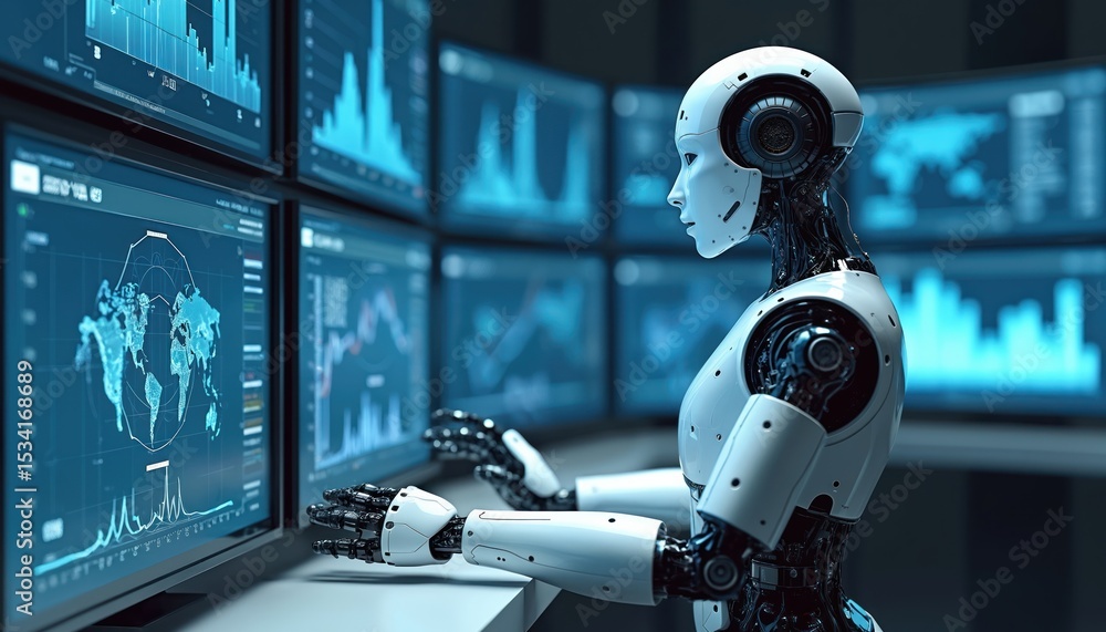 Poster Advanced humanoid robot monitors data in high-tech control room. Cutting-edge AI, futuristic tech represented. Intelligent system with data analysis, innovation, automation, cybernetics, digital
