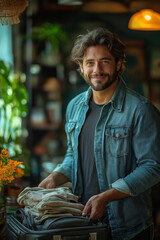 Homme faisant sa valise pour les vacances d'été, vêtements pliés avec soin dans une valise colorée, ambiance tropicale ou cosy en intérieur