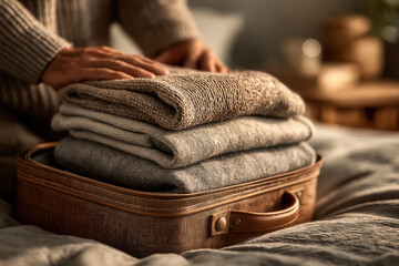 Homme faisant sa valise pour les vacances d'été, vêtements pliés avec soin dans une valise colorée, ambiance tropicale ou cosy en intérieur