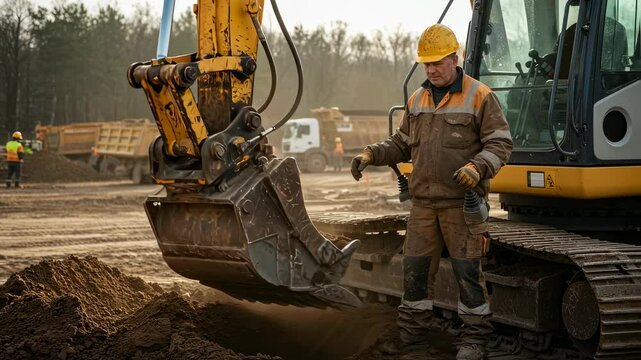 Construction worker operating excavator on building site. Heavy machinery and earthmoving equipment for roadwork and development. Footage.