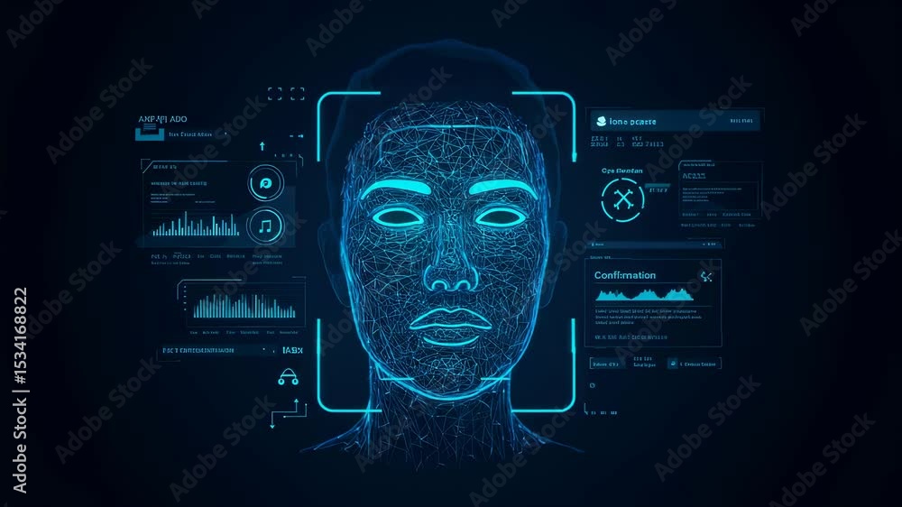 Poster digital technology hologram of a man with facial recognition. biometric id scan and authentication s