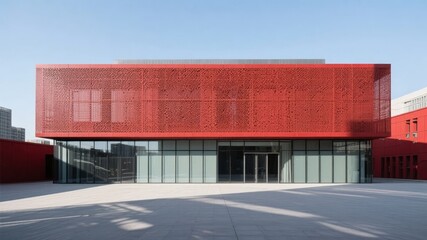 Modern Red Building with Perforated Facade and Glass Entrance