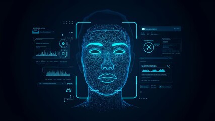 Digital technology hologram of a man with facial recognition. Biometric ID scan and authentication system for cyber security footage. - Powered by Adobe
