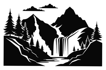 Obraz premium Bold Silhouette of Mountains, Cascading Waterfall, Pine Trees, and Clouds Black and White Landscape