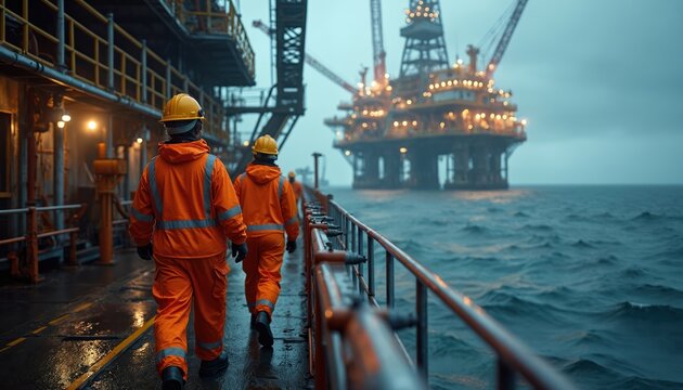 Offshore oil rig workers in protective gear walk on platform. Workers wear safety helmets, orange work suits, black boots. Sea rig background. Oil industry, dangerous job.