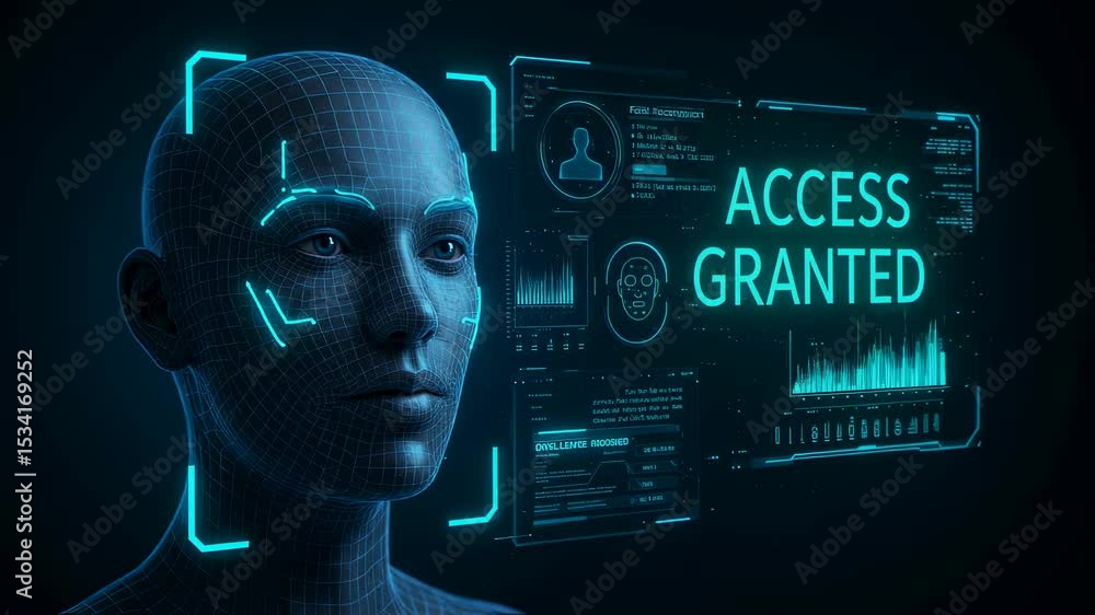 Poster man with digital face recognition scan. biometric identity verification for secure access. future te