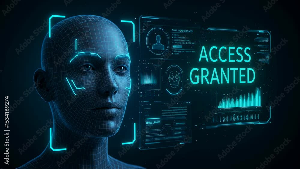 Poster digital human head with face recognition interface. access granted biometric verification. secure da