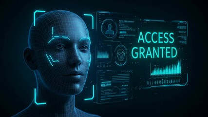 Digital human head with face recognition interface. Access granted biometric verification. Secure data and personal identification concept in future. Footage. - Powered by Adobe