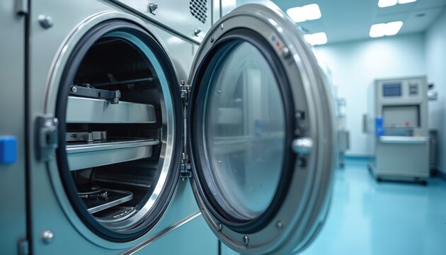 Detailed shot autoclave sterilization unit outside cleanroom. Decontamination tools, equipment, ensuring hygiene, cleanliness, safety. Modern tech used in laboratory pharmaceutical, medical